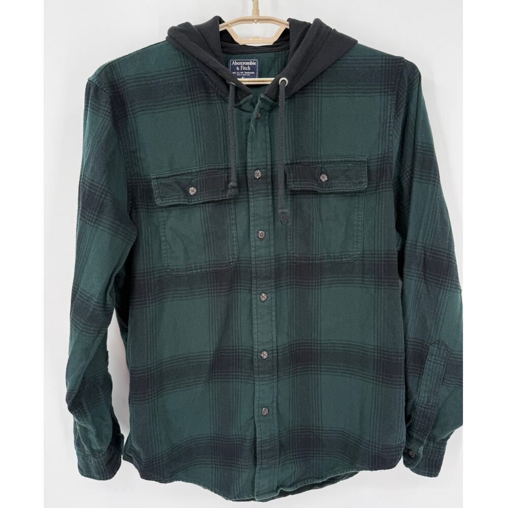 Ambercrombie & Fitch Plaid Flannel Hoodie Shirt Jacket Black Green Size XL